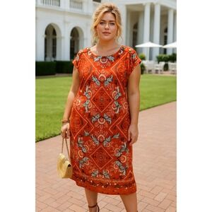 Talbots Plus Womens 2X Red Floral‎ Cotton Dress Bandana Medallion Wedding Boho